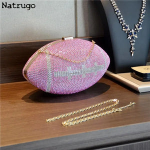 TOUCHDOWN BLING BAG ! - Diamond/Crystal - Luxury Football Clutch - Diamond Evening Clutch Purse Bag Sports Football Shape Handbag Trendy Fashion One-shoulder Lady Rhinestone