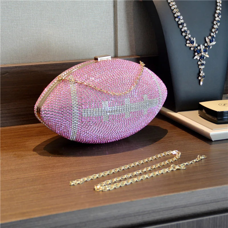 TOUCHDOWN BLING BAG ! - Diamond/Crystal - Luxury Football Clutch - Diamond Evening Clutch Purse Bag Sports Football Shape Handbag Trendy Fashion One-shoulder Lady Rhinestone