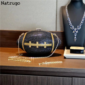 TOUCHDOWN BLING BAG ! - Diamond/Crystal - Luxury Football Clutch - Diamond Evening Clutch Purse Bag Sports Football Shape Handbag Trendy Fashion One-shoulder Lady Rhinestone