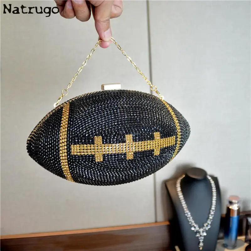 TOUCHDOWN BLING BAG ! - Diamond/Crystal - Luxury Football Clutch - Diamond Evening Clutch Purse Bag Sports Football Shape Handbag Trendy Fashion One-shoulder Lady Rhinestone