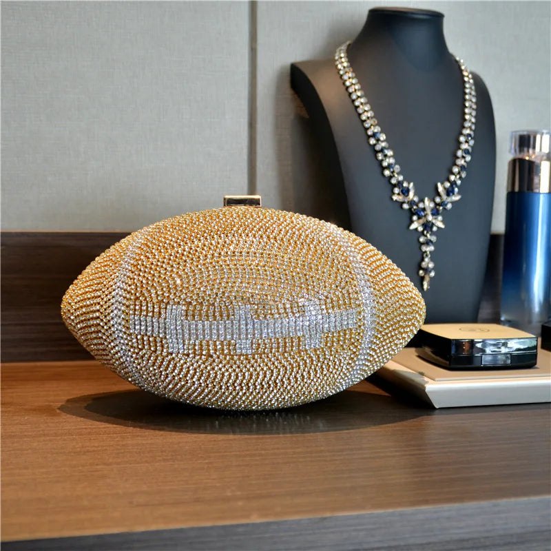 TOUCHDOWN BLING BAG ! - Diamond/Crystal - Luxury Football Clutch - Diamond Evening Clutch Purse Bag Sports Football Shape Handbag Trendy Fashion One-shoulder Lady Rhinestone