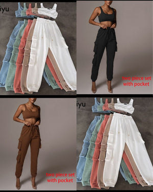 “pretty chill set”  2 piece set women casual sport set crop top pants set women clothing two piece set white cargo tracksuit woman pants