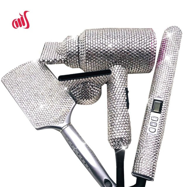 hair style set - diamond/bling - brush, flat iron & blow dryer !