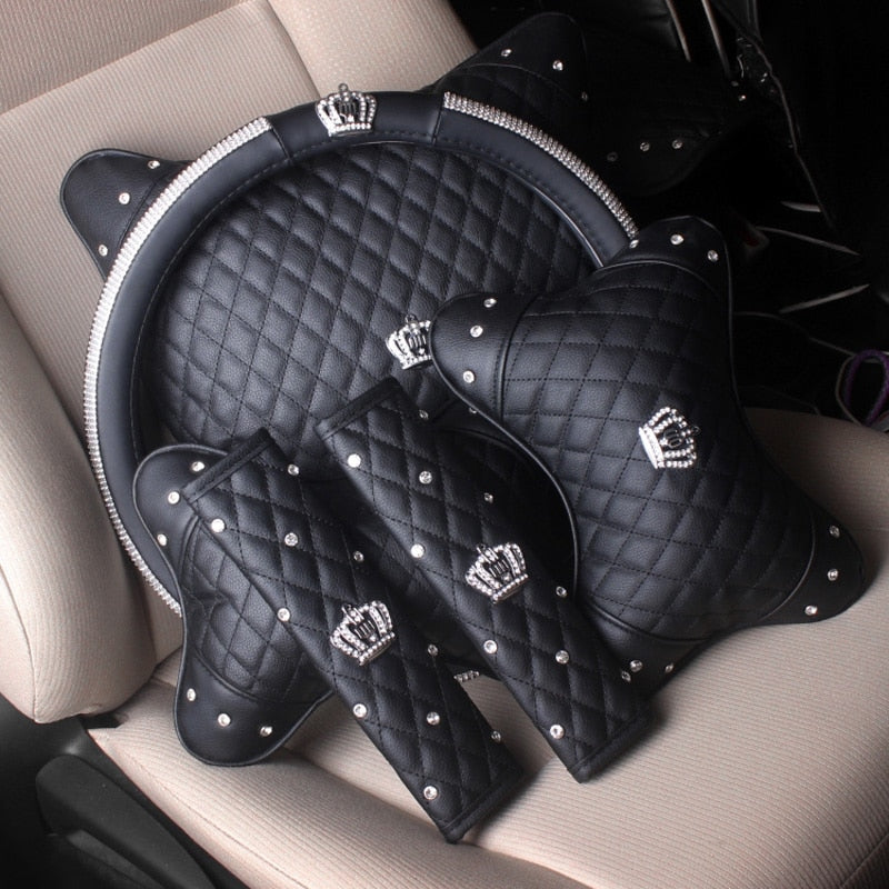 cool car decor -  universal leather car steering wheel cover bling rhinestone crystal car interior with crystal crown accessories black