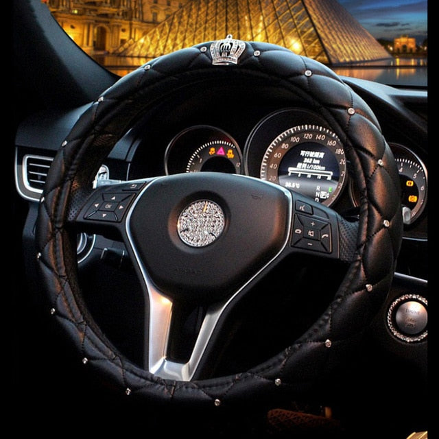 cool car decor -  universal leather car steering wheel cover bling rhinestone crystal car interior with crystal crown accessories black steering wheel cover