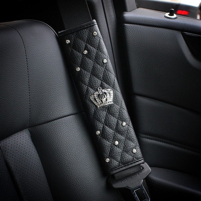 cool car decor -  universal leather car steering wheel cover bling rhinestone crystal car interior with crystal crown accessories black 1pc seat belt cover