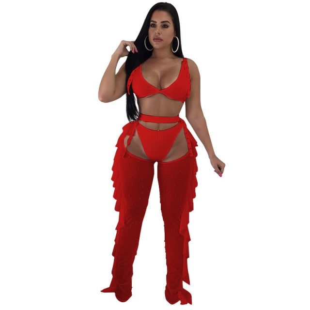 adogirl sexy 3 piece set bra top thongs pearls ruffle sheer mesh pants night club outfits fashion bikini trousers suit 3 colors