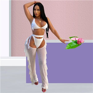 adogirl sexy 3 piece set bra top thongs pearls ruffle sheer mesh pants night club outfits fashion bikini trousers suit 3 colors