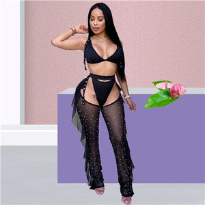 adogirl sexy 3 piece set bra top thongs pearls ruffle sheer mesh pants night club outfits fashion bikini trousers suit 3 colors