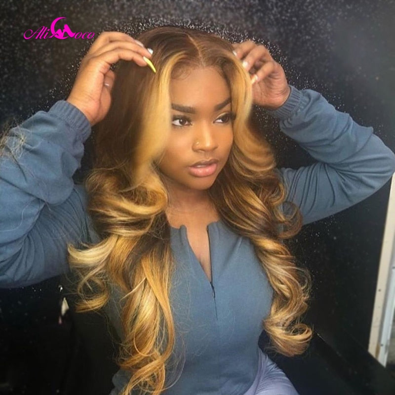 ali coco #4/27 highlight colored human hair wigs pre plucked lace front human hair wigs ombre remy body wave frontal wig