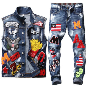 xclusive mens - jeans suit washed embroidered paint sets skull cowboy vest + small straight flag badge slim jeans street style 2 piece set