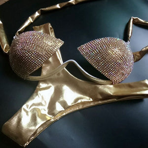 gold fest - leather cut out women swimming bikini summer sexy women erotic fashion beach club wear crystal halter 2 piece bikinis set