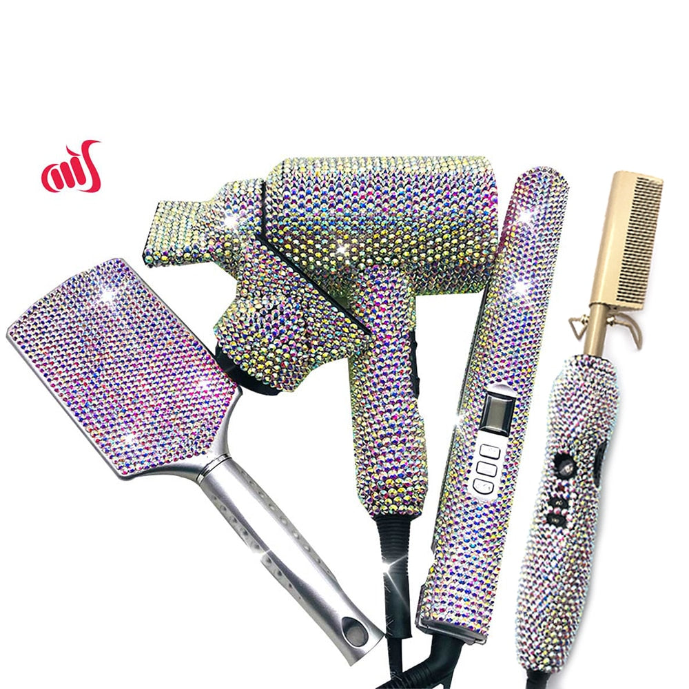 hair style set - diamond/bling - brush, electric hot comb - flat iron & blow dryer !