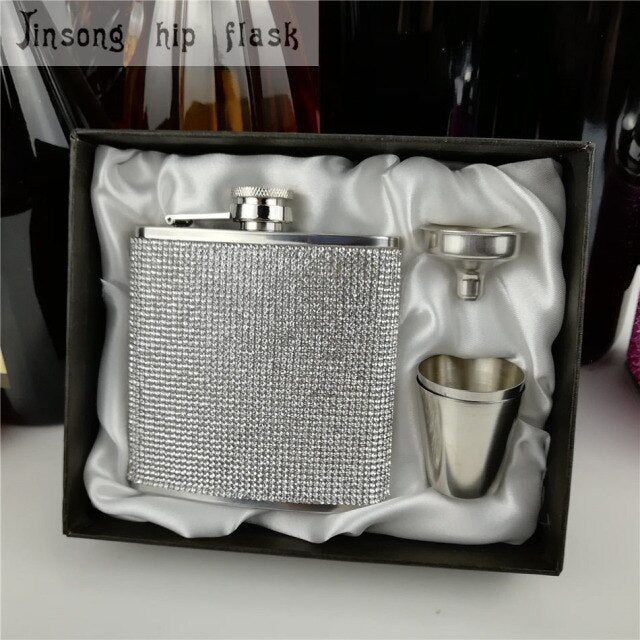 stainless steel with diamond hip flask ,special hip flask for ladies sliver  gift set