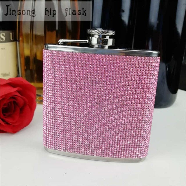 stainless steel with diamond hip flask ,special hip flask for ladies pink paper box