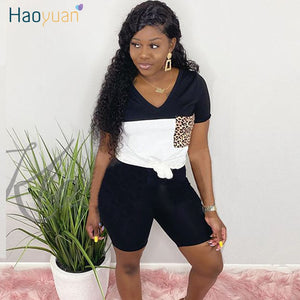 haoyuan two piece set summer clothes for women tracksuit leopard pocket top biker shorts sweat suits 2 pcs outfits matching sets