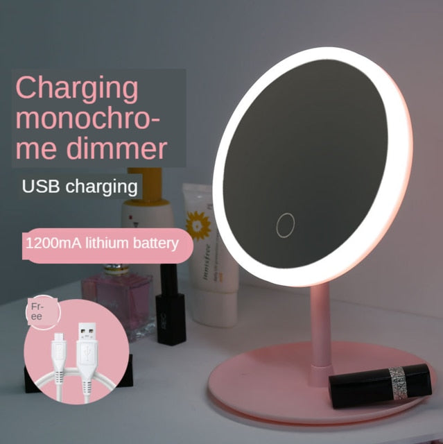 desktop vanity mirror with led light, pink student dormitory table makeup mirror ring shape battery 1 light