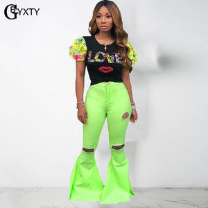 belle beauty - neon green, pink & denim streetwear distressed high waist bell bottom jeans 2019 women ripped thin denim flare pants