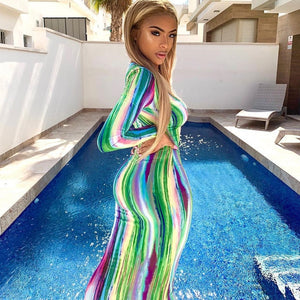 tyedye curves long sleeve - maxi colorful print v-neck bodycon long dress spring women new fashion streetwear party elegant outfits