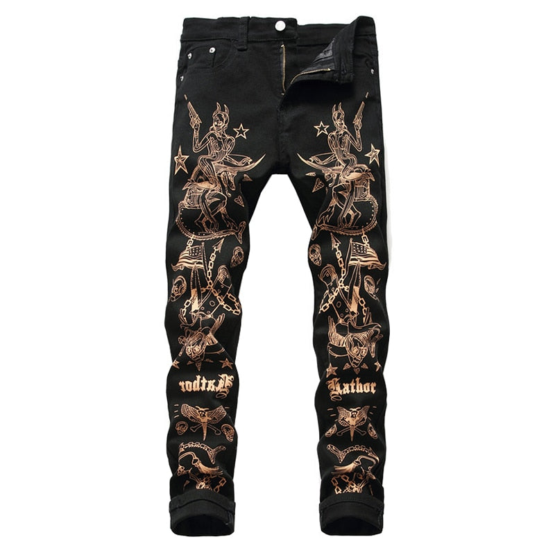 xclusive men's slim 3d print jeans fashion sexy beauty flag skull painted black stretch denim pants