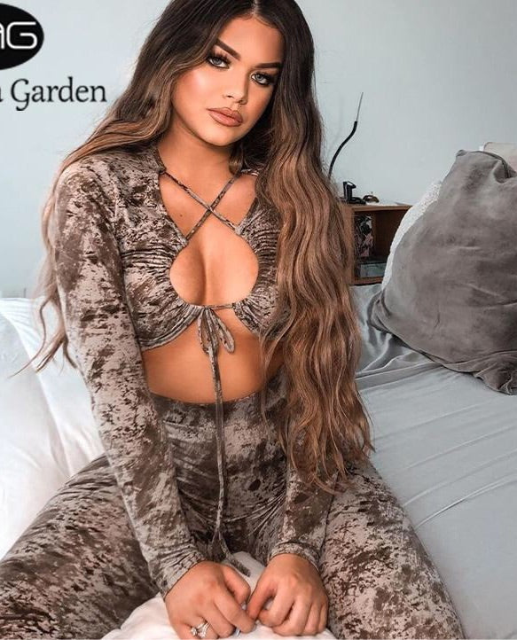 print hollow out sexy two piece set women elastic matching set lace up crop top long pant set club outfits long sleeve set