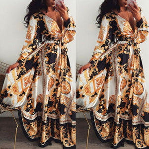 boho wrap dress - holiday maxi sundress floral print v-neck long sleeve elegant cocktail party