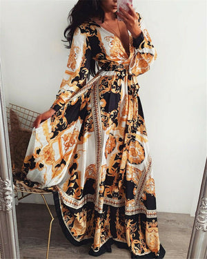 boho wrap dress - holiday maxi sundress floral print v-neck long sleeve elegant cocktail party