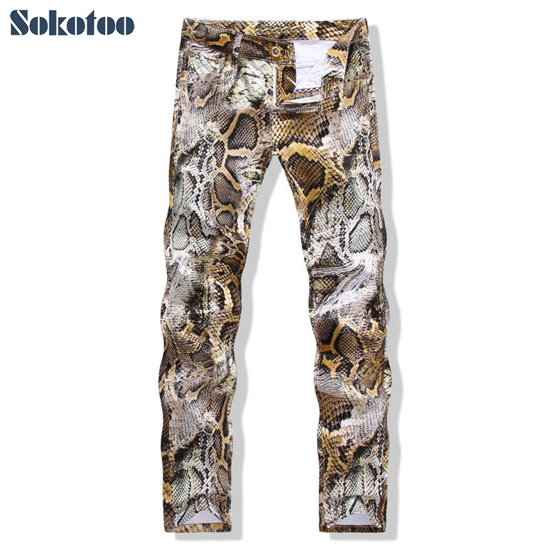 xclusive men's fashion snakeskin print jeans slim colored stretch denim pants for man