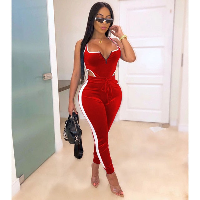 winter women's set velvet bodysuit pencil pants suit two piece set sexy sleeveless street casual fashion tracksuit outfit