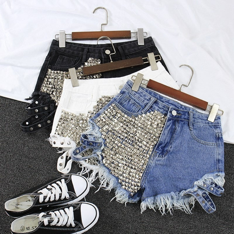 bling body shorts - hollow out sides - vintage tassel rivet ripped high waisted jeans punk denim