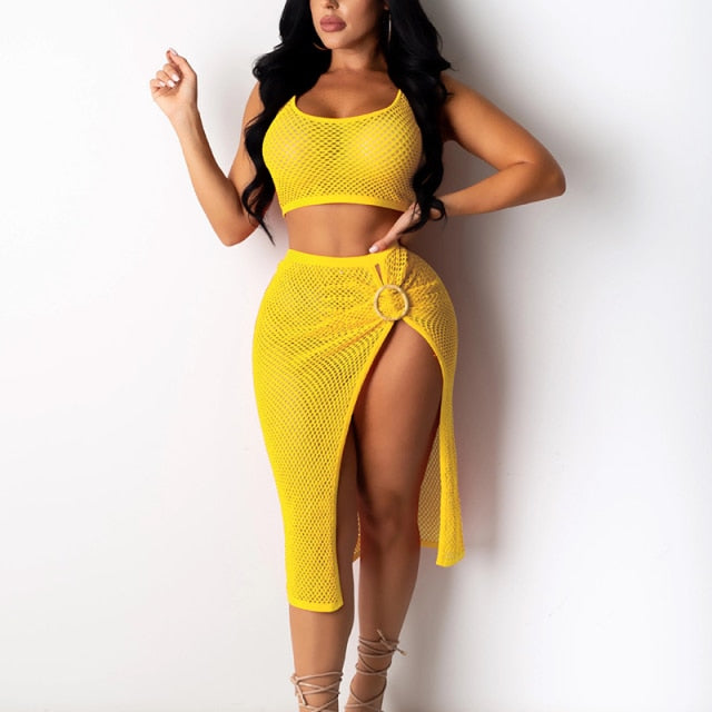 cover me up - mesh two piece set pretty summer sexy swim crop tops side split midi skirts set see through beach party clothing