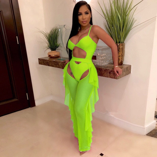 haoohu neon green sexy 2 piece matching sets women festival clothing rompers bodysuit and sheer mesh pants beach club outfits