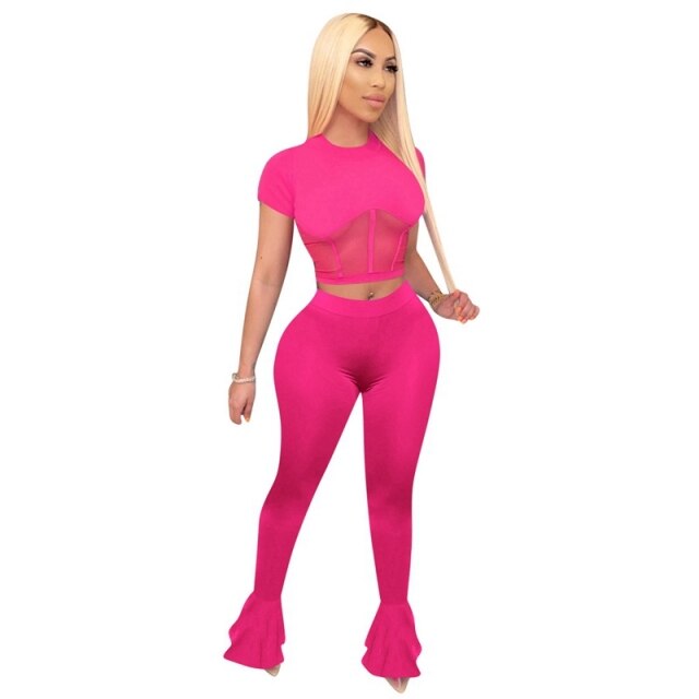 mesh me - sexy two piece set women crop top and bodycon flare pants matching sets summer outfits for women wholesale clothing women set