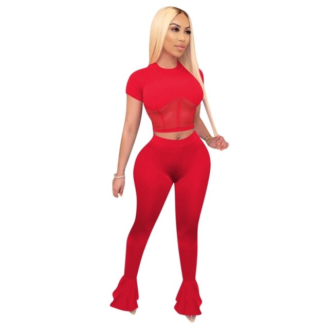 mesh me - sexy two piece set women crop top and bodycon flare pants matching sets summer outfits for women wholesale clothing women set