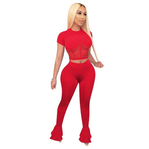 mesh me - sexy two piece set women crop top and bodycon flare pants matching sets summer outfits for women wholesale clothing women set