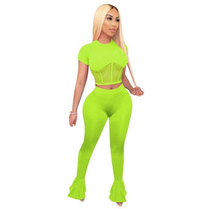 mesh me - sexy two piece set women crop top and bodycon flare pants matching sets summer outfits for women wholesale clothing women set