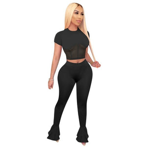 mesh me - sexy two piece set women crop top and bodycon flare pants matching sets summer outfits for women wholesale clothing women set