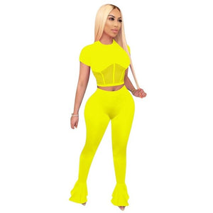 mesh me - sexy two piece set women crop top and bodycon flare pants matching sets summer outfits for women wholesale clothing women set