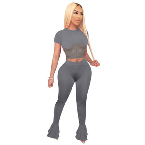 mesh me - sexy two piece set women crop top and bodycon flare pants matching sets summer outfits for women wholesale clothing women set