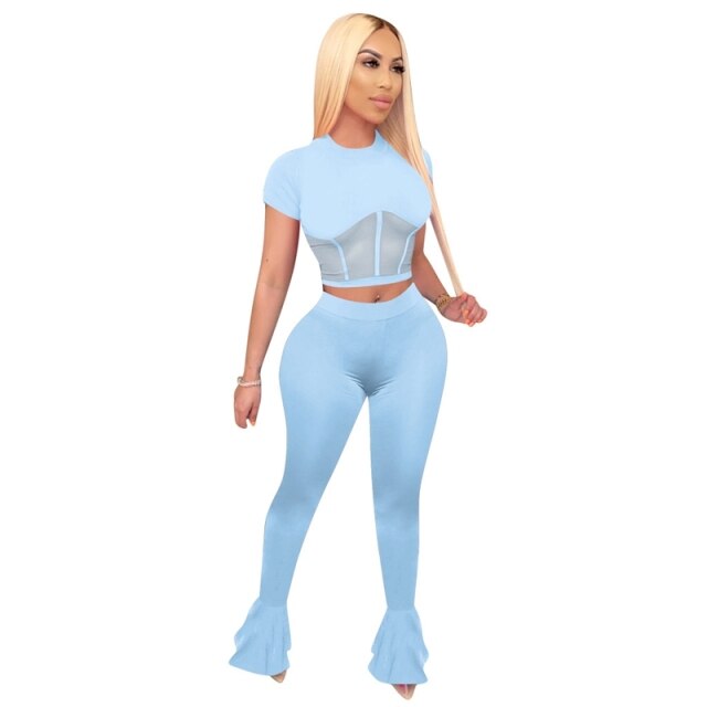 mesh me - sexy two piece set women crop top and bodycon flare pants matching sets summer outfits for women wholesale clothing women set