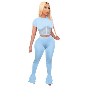 mesh me - sexy two piece set women crop top and bodycon flare pants matching sets summer outfits for women wholesale clothing women set