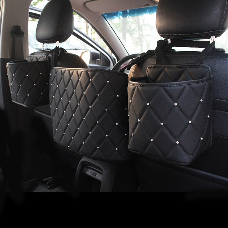 crystal rhinestone pu leather car storage bag organizer barrier of backseat holder multi-pockets car container stowing tidying