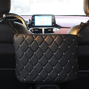 crystal rhinestone pu leather car storage bag organizer barrier of backseat holder multi-pockets car container stowing tidying