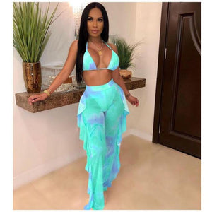 adogirl sexy 3 piece set bra top thongs pearls ruffle sheer mesh pants night club outfits fashion bikini trousers suit 3 colors