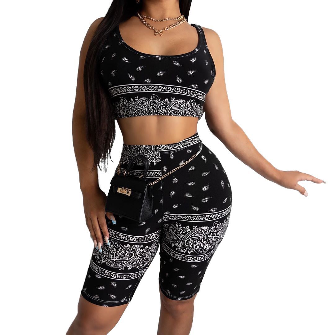 og pretty - summer bandana print casual two-piece shorts set outfits tank tops and shorts pants suit two piece set for women