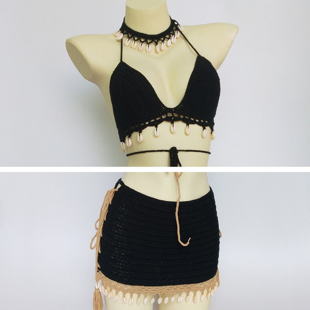 3pcs bikini set woman crochet shell tassel bikini top and seashell ankle chain sexy beach skirt lace see through slim mini skirt