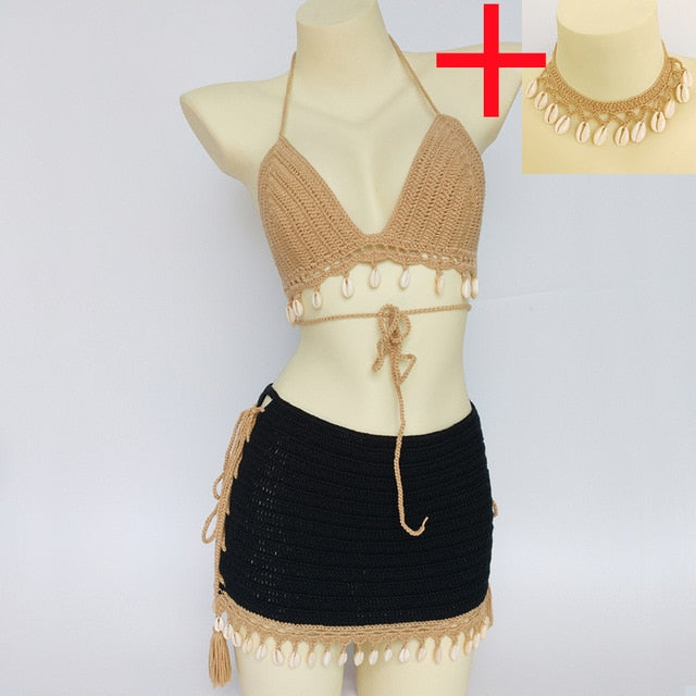 3pcs bikini set woman crochet shell tassel bikini top and seashell ankle chain sexy beach skirt lace see through slim mini skirt