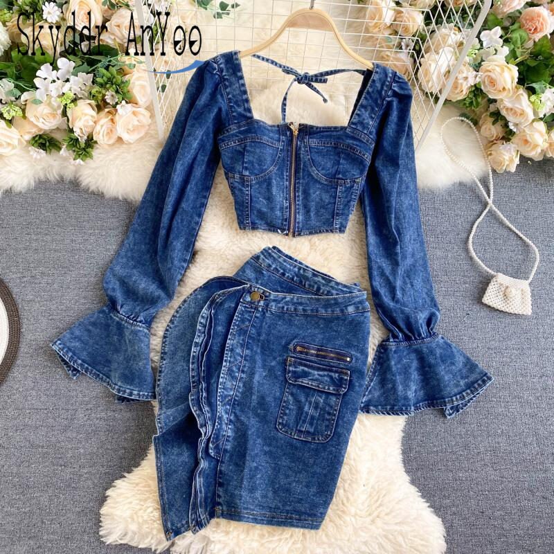 2020 autumn two piece set  women sexy jeans 2 two piece set long sleeve crop tops and bodycon short denim skirt suits for woman