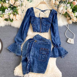 2020 autumn two piece set  women sexy jeans 2 two piece set long sleeve crop tops and bodycon short denim skirt suits for woman