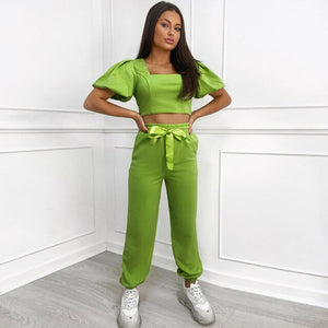 so solid - casual two piece set puff sleeves pretty crop top and elestic long pant summer set women drawstring tie bow outfits